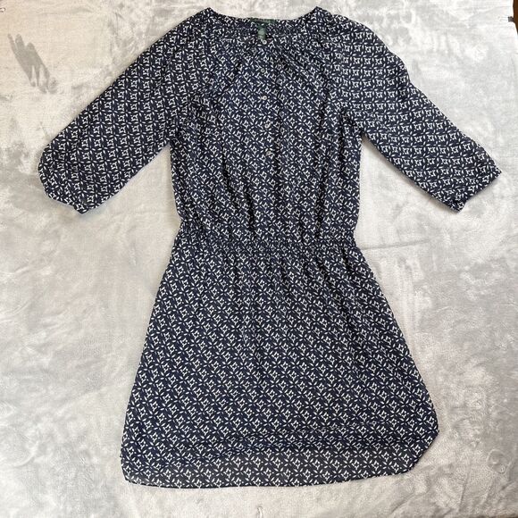 Lauren Ralph Lauren Navy Blue & White Semi Sheer Dress Sz 14W NO Lining - Picture 1 of 7